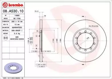 BREMBO 08A53010 Диск торм.задний