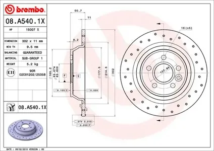 BREMBO 08A5401X Диск торм. зад. Xtra [302x11] 5 отв.[min 2]