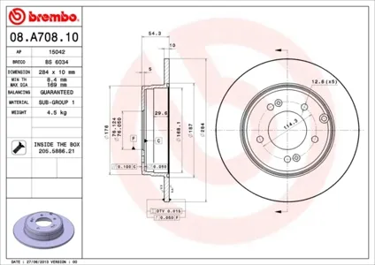BREMBO 08A70811 Диск торм. зад.