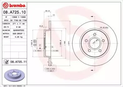 BREMBO 08A72510 Диск торм.задний Ford Focus 1.61.6 TDCi 2.0 TDCi 11>