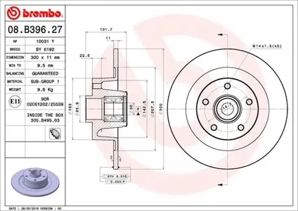 BREMBO 08B39627 Диск тормозной задн. с интегрированным подшипником RENAULT LAGUNA Coupe (DT0,1) 09,08-12,15