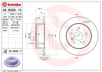 BREMBO 08B56611 Диск тормозной 08.B566.11 задний Toyota Camry , Lexus ES 2.43.5 06>