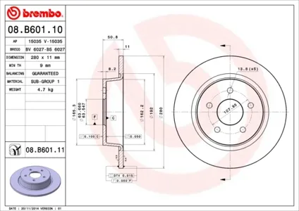 BREMBO 08B60111 Диск торм. зад.[280x11] 5 отв.