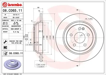 BREMBO 08C06511 Диск тормозной 08.C065.11 задний Mercedes 3.03.22.2CDi 03>