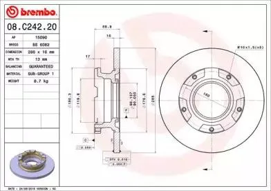 BREMBO 08C24220 Диск торм. зад.[288x16] 5 отв.