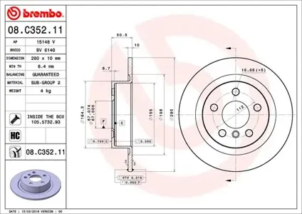 BREMBO 08C35211 Диск торм. зад.[280x10] 5 отв.