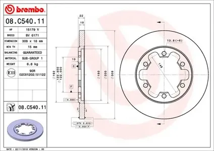 BREMBO 08C54011 Диск торм.задний с УФ покрытием Ford Transit V363 Bus (FAD FBD) 0813-> Ford Transit V363 Pla