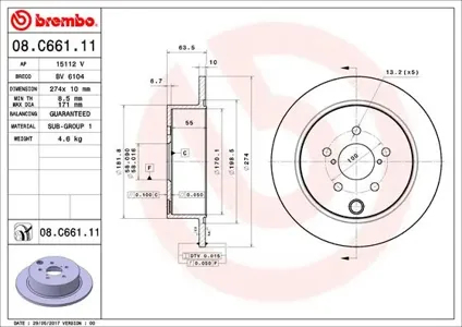 BREMBO 08C66111 Диск торм. зад.[274x10] 5 отв.