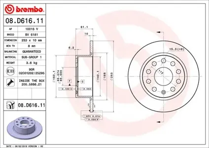 BREMBO 08D61611 Диск тормозной 08.D616.11 задний Audi A3, Skoda Octavia Superb , VW Golf Jetta 1.2TSI-3.6 03>