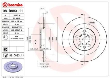 BREMBO 08D88311 Диск тормозной Volvo XC40 17- задн.