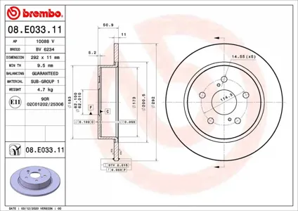 BREMBO 08E03311 Диск торм.задний с УФ покрытием Toyota C-HR (X1) 1016->