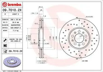 BREMBO 0970102X Диск тормозной 09.7010.2X передний перфорированный Xtra Audi A3,VW Bora Golf 1.8T2.31.9TDi 96>
