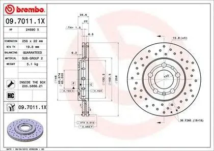 BREMBO 0970111X Диск тормозной 09.7011.1X передний перфорированный Xtra Audi A2A3,VW Golf Bora 1.6 96>