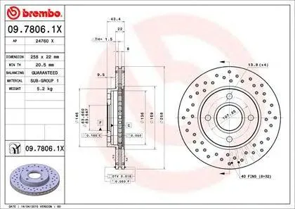 BREMBO 0978061X Диск тормозной 09.7806.1X передний перфорированный Xtra Ford Focus 1.4i-1.6i 16V 96>