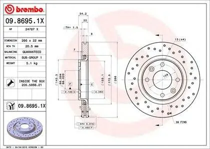 BREMBO 0986951X Диск торм. передний вент. Xtra [266x22] 4 отв.