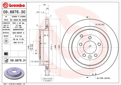 BREMBO 09887631 Диск торм.задний вентилируемый