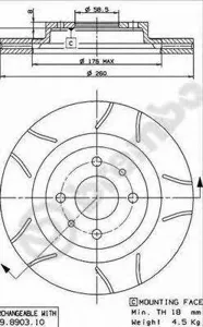 BREMBO 09890375 Диск торм.вент. с насечками