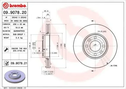 BREMBO 09907820 Диск торм.перед. Lada X-RAY Vesta 15-