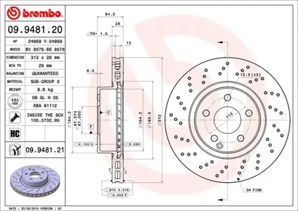 BREMBO 09948121 09.9481.21 диск тормозной передний перфорированный с покрытием MB R230 3.5 03>