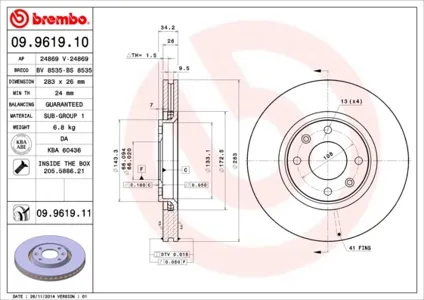 BREMBO 09961911 Диск торм. пер. вент.[283x26] 4 отв