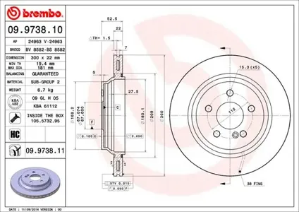 BREMBO 09973811 Диск торм.задний вентилируемый