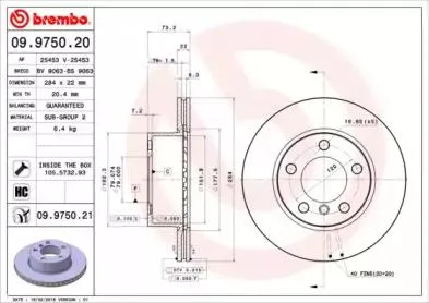 BREMBO 09975021 Диск тормозной BMW 1(F20)2(F22) 10- передн.284мм.