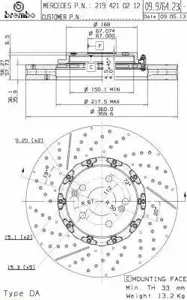 BREMBO 09976423 Диск тормозной перфорированный с насечками