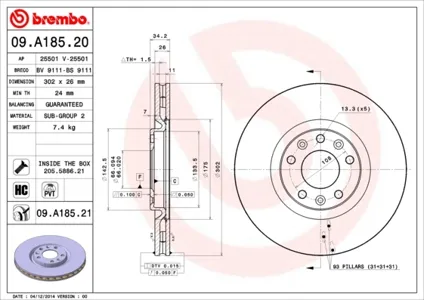 BREMBO 09A18521 Диск торм.вент.