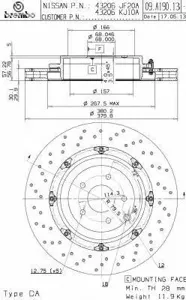 BREMBO 09A19013 Диск торм.вент. , перфорированный