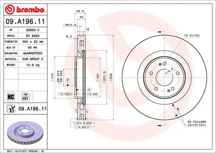BREMBO 09A19611 Диск торм. пер. вент.[350x32] 5 отв.