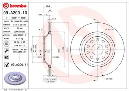 BREMBO 09A20011 Диск торм.вент.