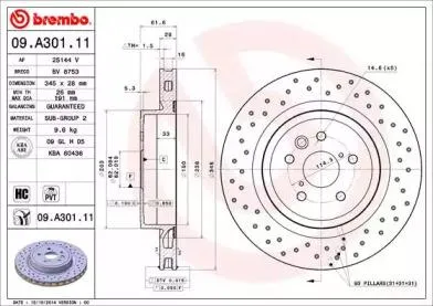 BREMBO 09A30111 Диск торм.вент. , перфорированный