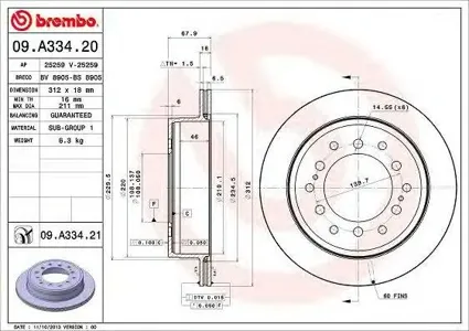 BREMBO 09A33421 Диск торм.вент.