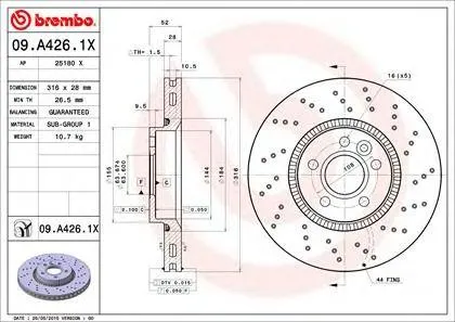 BREMBO 09A4261X Диск торм. пер.вент.[316x28] 5 отв
