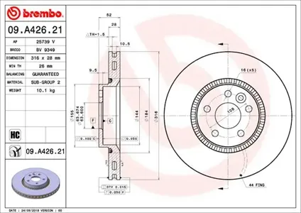 BREMBO 09A42621 Диск торм.вент.