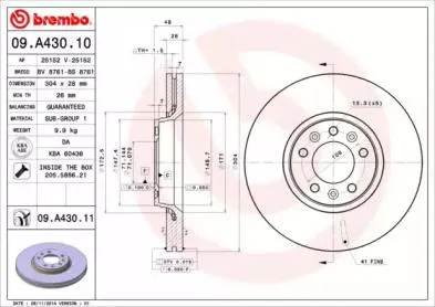 BREMBO 09A43010 Диск торм.перед.вент.