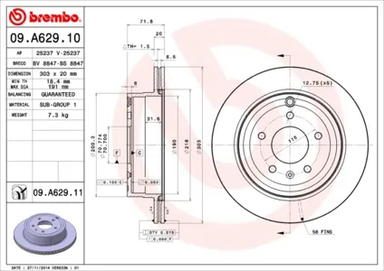 BREMBO 09A62911 Диск торм. зад.[303x20] 5 отв.(min 2)