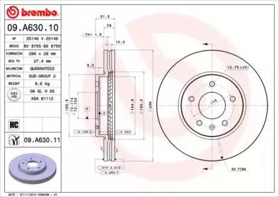 BREMBO 09A63010 Диск торм.перед.вент.