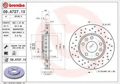 BREMBO 09A7271X Диск торм.вент. , перфорированный, Xtra