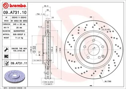 BREMBO 09A73111 Диск торм.вент. , перфорированный