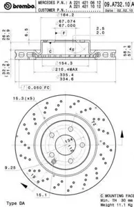 BREMBO 09A73211 Диск торм.вент. , перфорированный