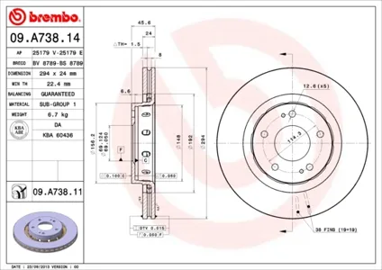 BREMBO 09A73814 Диск торм.перед.вент.