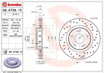 BREMBO 09A7381X Диск торм.вент. , перфорированный, Xtra