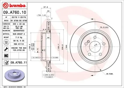 BREMBO 09A76011 Диск торм.задний вентилируемый