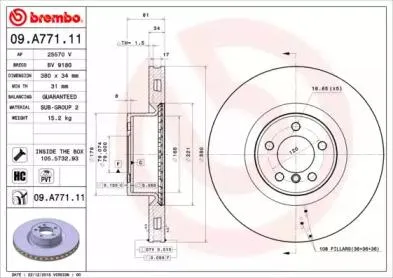 BREMBO 09A77111 Диск тормозной 09.A771.11 передний D=380мм Land Rover Range Rover III 09-12