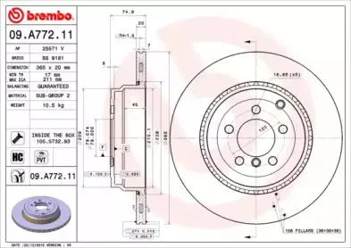 BREMBO 09A77211 Диск торм.задний вент.[365x20] 5 отв.