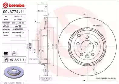 BREMBO 09A77411 Диск тормозной 09.A774.11 задний 365x20x5 Land Rover Range Rover Sport L320