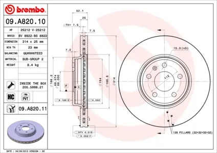BREMBO 09A82011 Диск торм.вент.
