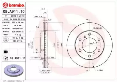 BREMBO 09A91110 Диск торм.задний вентилируемый
