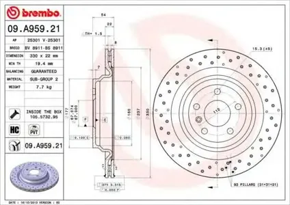 BREMBO 09A95921 Диск торм.вент. , перфорированный